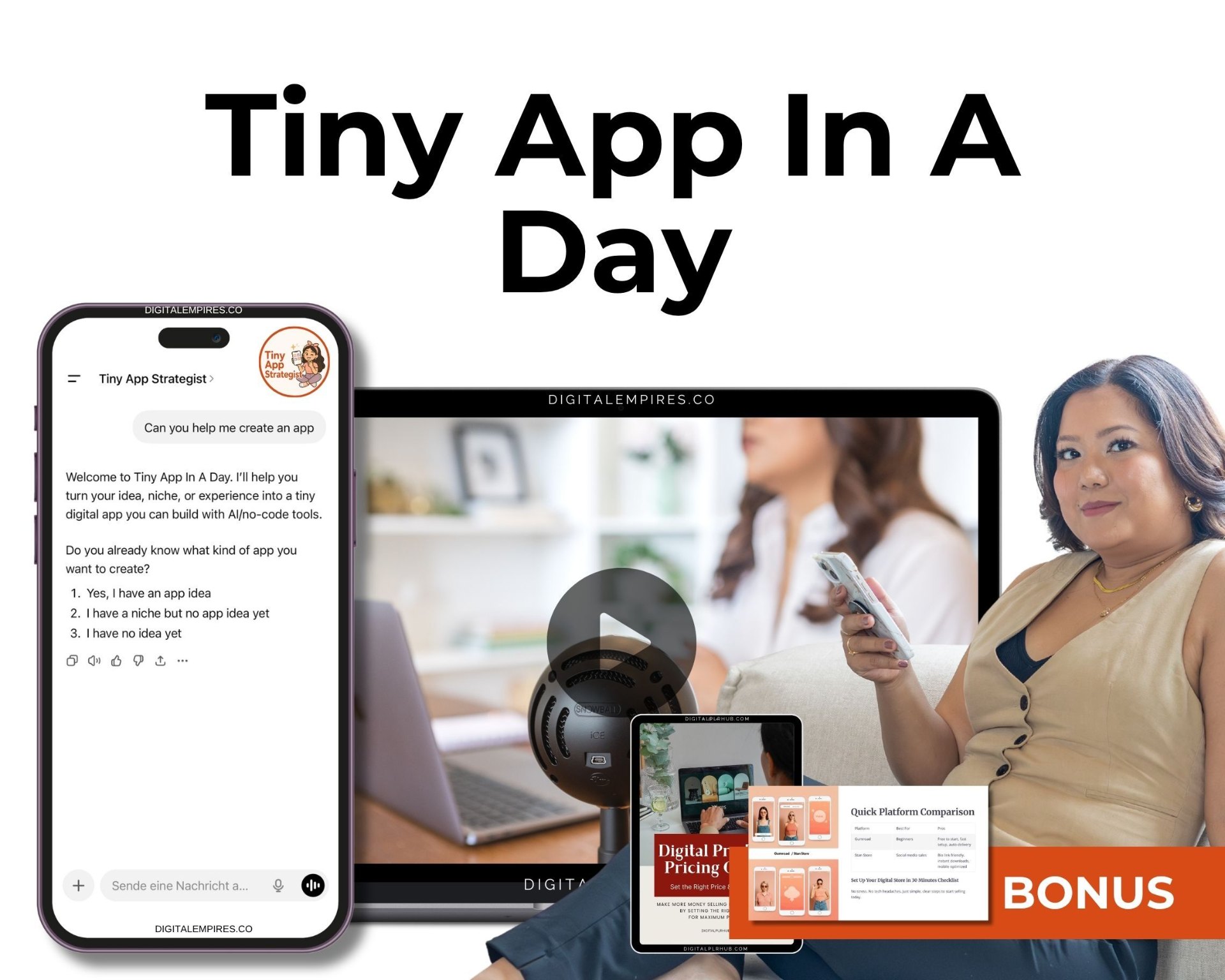 Tiny App In A Day product mockup with bonus materials