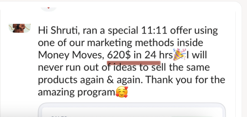 DM screenshot: $620 in 24 hours from one 11:11 offer